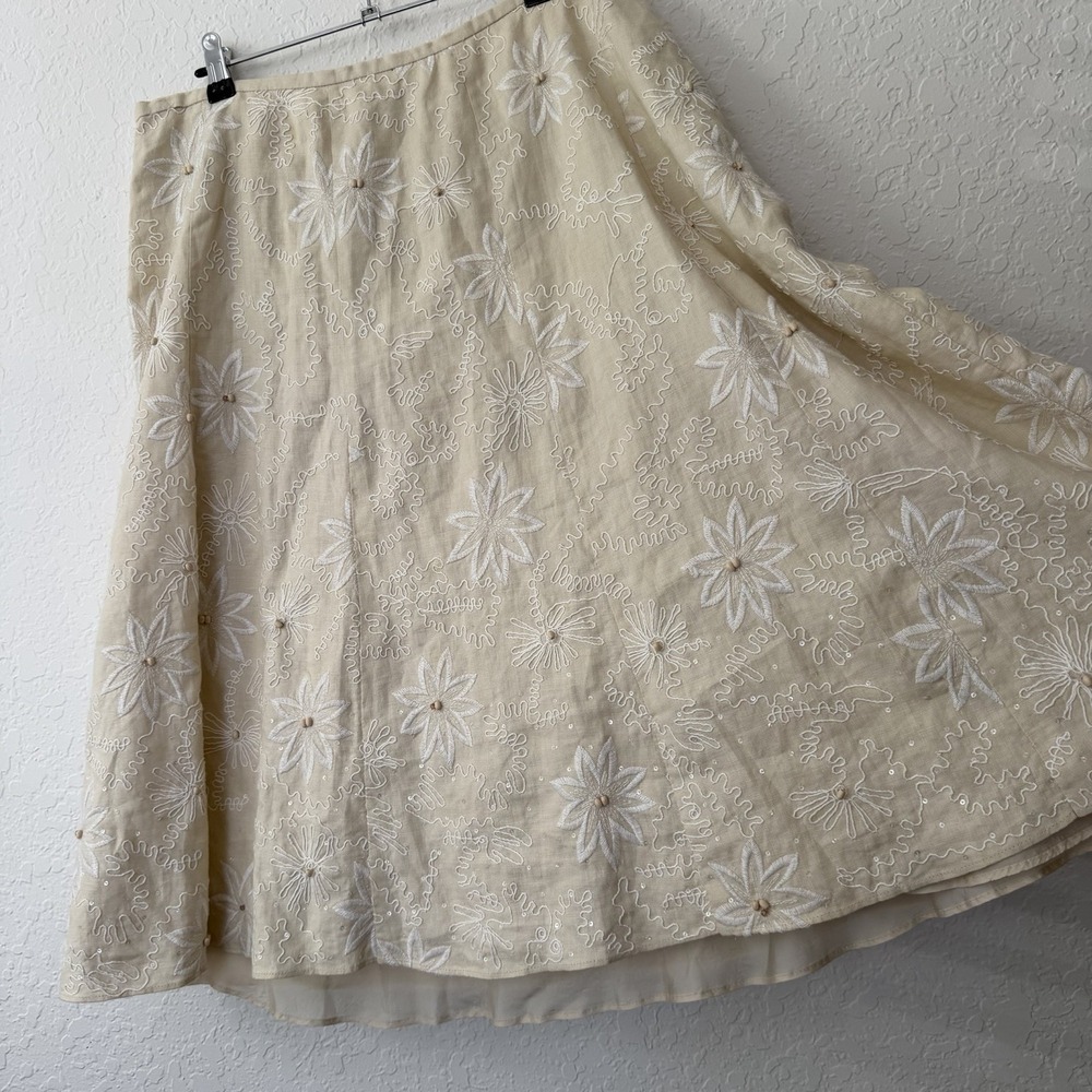 Lafayette 148 Skirt Size 16 100% Linen Embroidered Beaded Midi Euro Summer